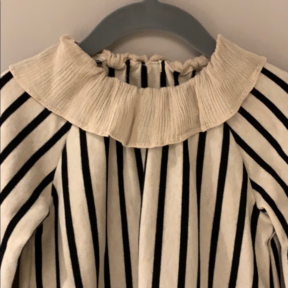 Black and Ecru Striped Ruffle Collar Top - Picture 2 of 5